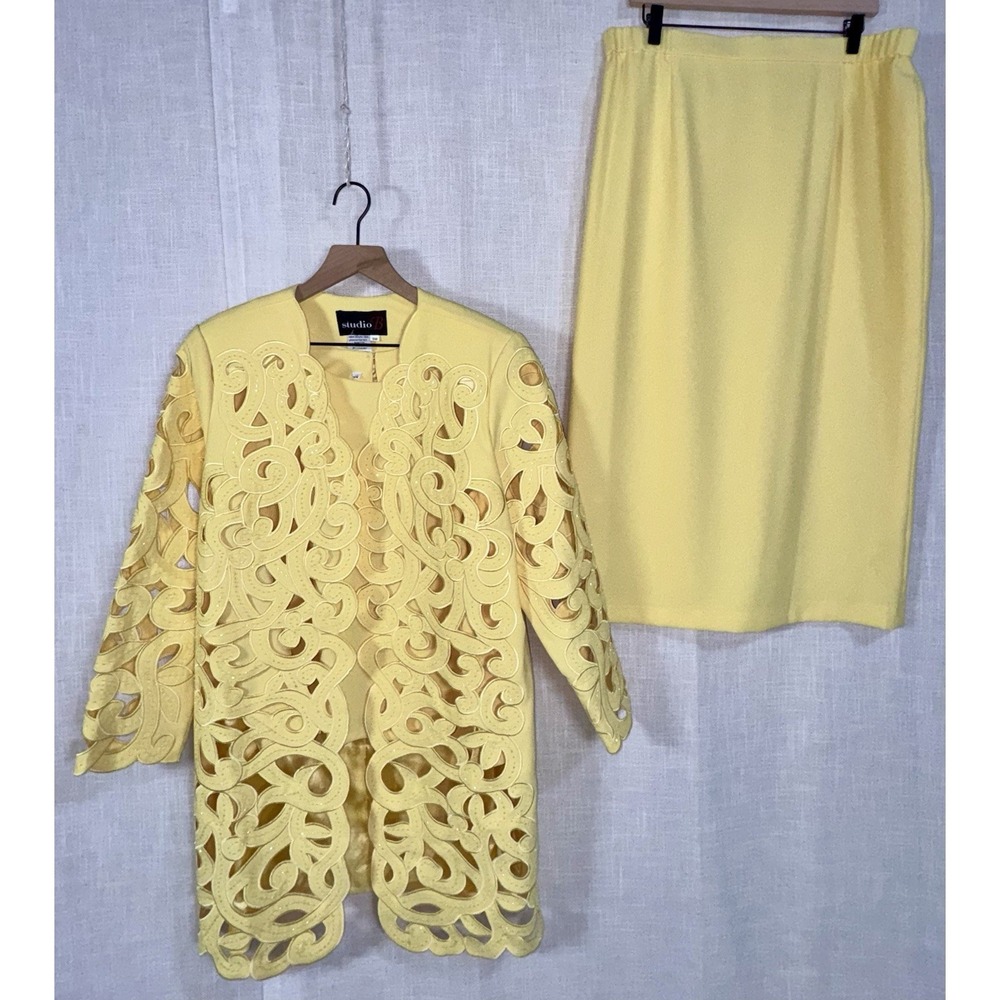 Vtg Studio B Women's Sz 18 Yellow 3 pc Embellished Cutout Skirt Blazer Suit Set